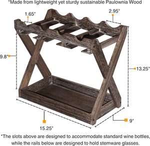 Oferta Especial: Estante para Vino Rústico de Madera Maciza para 4 Botellas con Espacio para 6 Copas y Almacenamiento de Corchos, Organizador Independiente para Encimera - Product Image 5