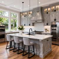 Armoires de cuisine Shaker gris clair sur mesure, en bois massif, style américain moderne, avec îlot central
