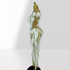 Abito lungo aderente ZHEZHE <span class=keywords><strong>bianco</strong></span> <span class=keywords><strong>con</strong></span> <span class=keywords><strong>piume</strong></span>, strass e stampa a caldo, sexy e trasparente, di alta qualità, effetto illusione - Product Image 3