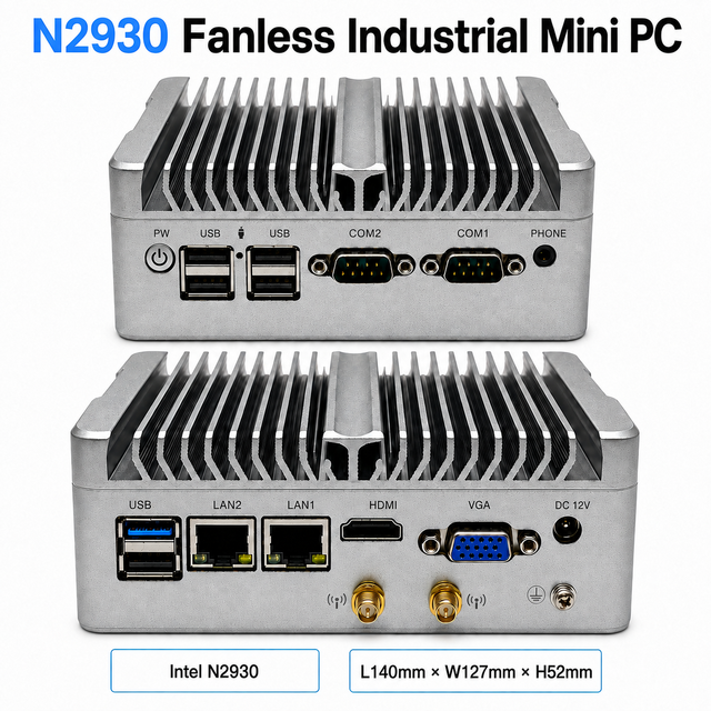 Intel N2930 Fanless Industrial Mini PC DDR3L 1333MHZ MAX8G HDMI1.2 VGA 1080P 60HZ SATA2.0 BIOS Linux Windows10/11 Compact Size