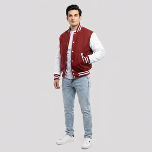 <b>Mens</b> Casual Varsity <b>Jacket</b> Red <b>White</b> Custom Letterman Baseball Bomber College Cotton Sleeves Breathable OEM Front Stand - Product Image 1