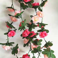 Décoration de fond de scène de mariage intérieur en rotin rose avec feuilles vertes, en plastique, pour plafond, commerce transfrontalier