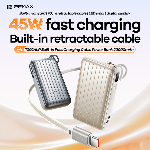 REMAX 20000mAh PD45W Fast Charging Power Bank Built-in 70cm Retractable Type-C Cable Digital Display Lanyard Power Banks