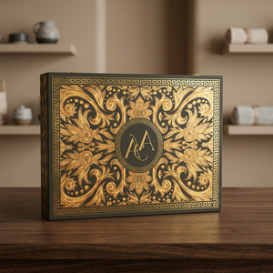 C-1 Scodix Série d'impression numérique, Boîte en bois 18.5x13.5x3.75 pouces, 16 compartiments, 4 pots, 2 plateaux Khasta, Motif floral antique, Fait main - Product Image 1