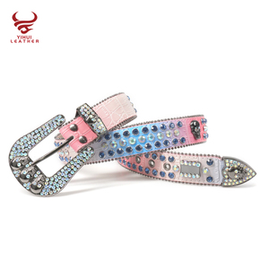 Ceinture en cuir PU de luxe personnalisée de style western avec boucle tête de mort, strass arc-en-ciel et motifs rock star colorés BB Simon - Product Image 5
