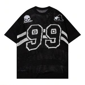 Người Đàn Ông Mùa Xuân Và Mùa Hè Mới Cao Đẳng Phong Cách Tương Phản Màu Sắc Mô Hình Kỹ Thuật Số Vòng Cổ Ngắn Tay Áo Crochet Knit Top - Product Image 1