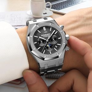 BINKADA 7120, nuevo diseño, reloj mecánico para hombre plateado, banda Original de acero inoxidable, 3 esferas, <span class=keywords><strong>calendario</strong></span> automático, reloj de pulsera deportivo - Product Image 4