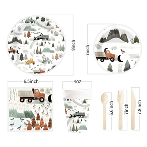 DAMAI - Juego de Platos, Vasos y Servilletas de Papel con Diseño de Camiones, Montañas, Ríos y Árboles para Fiestas Temáticas, Decoración para Fiestas de Cumpleaños de Niños - Product Image 2