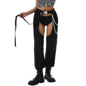 King Mcgreen Satr Sexy Buckle Bottomless Pants Hollow Out See Through <strong>Rave</strong> Chaps Hip Hop Rock Crotch Pants Belted Cargo <strong>Trousers</strong> - Product Image 1