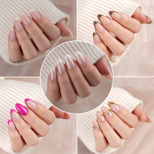 Lot de 32 faux ongles en amande à presser, French <span class=keywords><strong>Manucure</strong></span> Nude Base Champagne Or Fuchsia Métallique, en acrylique, courts, certifiés MSDS - Product Image 5