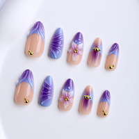 Faux ongles à presser portables, best-seller e-commerce transfrontalier Europe États-Unis, violet éthéré ombré, accents floraux 3D et perles dorées