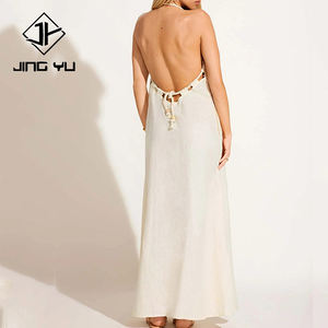 Robe dos nu en coton de couleur avoine sur mesure OEM, avec bordure en corde, = robe décontractée à bretelles en lin 100% de haute qualité - Product Image 3