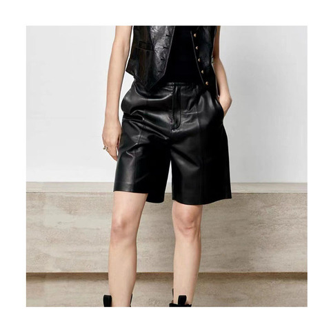 3665 Ladies Solid Color Mid Waist Slim High Grade Genuine Sheep Leather Women Shorts 2025