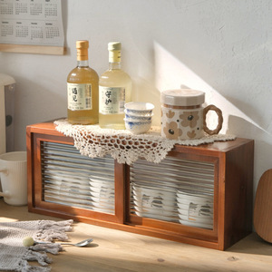 Retro Solid Wood Storage Cabinet With Frosted Glass Door Desktop Organizer For <b>Teacups</b> And Cosmetics - Product Image 3