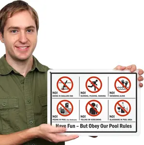 Securun Have Fun But Obey Our Pool Rules- No Diving, No Running Metal Sign with Symbols,Rustproof Aluminum, Red, Black and White