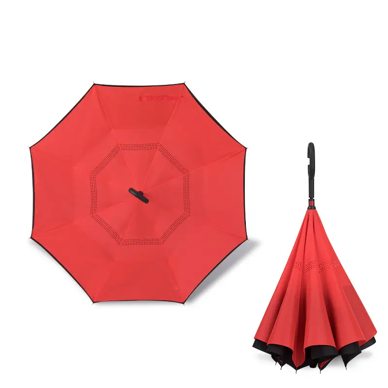 مظلة ذاتية الوقوف رأسًا على عقب مستقيمة كبيرة بطبقة مزدوجة عكس مظلة طويلة كبيرة من النوع C مقبض سيارة مظلة مقلوبة