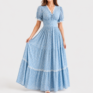 Robe longue personnalisée à imprimé floral pour <span class=keywords><strong>femme</strong></span>, manches bouffantes, col en V, style bohème à volants, idéale pour les invitées de mariage estivales - Fournisseur en gros - Product Image 1