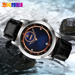 Skmei Men's Moon Phase Quartz Watch With Leather Strap Analog Calendar 30M Waterproof Stainless Steel Buckle 9300 - Product Image 4