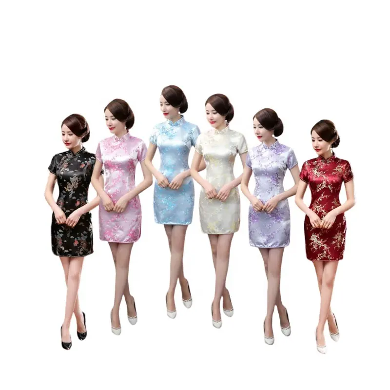 Ecowalson 빈티지 오래 된 상하이 드래곤 피닉스 Qipao 우아한 여성 Cheongsam 특대 6XL 만다린 칼라 섹시한 짧은 중국 Dres