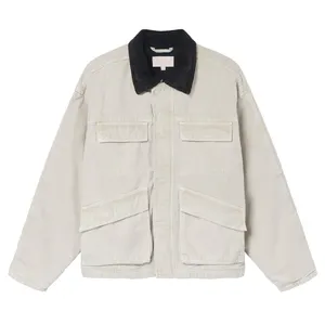 OEM 100% Washed Stone Color Canvas Cotton Contrasting Corduroy Collar Snap Cuffs Regular Fit Work Jacket