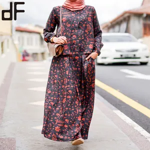 Benutzer definierte muslimische Frauen langen Rock setzt Baju Kurung Malaysia Rundhals ausschnitt Blumen Langarm Baju Bluse und Rock Anzüge Baju Kurung