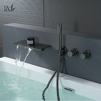 Robinet de salle de bain en laiton doré brossé, ensemble deux fonctions avec sortie d'eau latérale effet cascade pour villa, hôtel, appartement