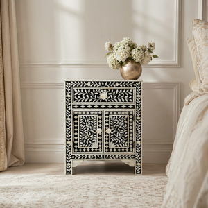 Black and <b>White</b> Bone Inlay Nightstand Pearl Inlay <b>Bedside</b> Cabinet Floral Pattern Storage Table for Bedroom - Product Image 1