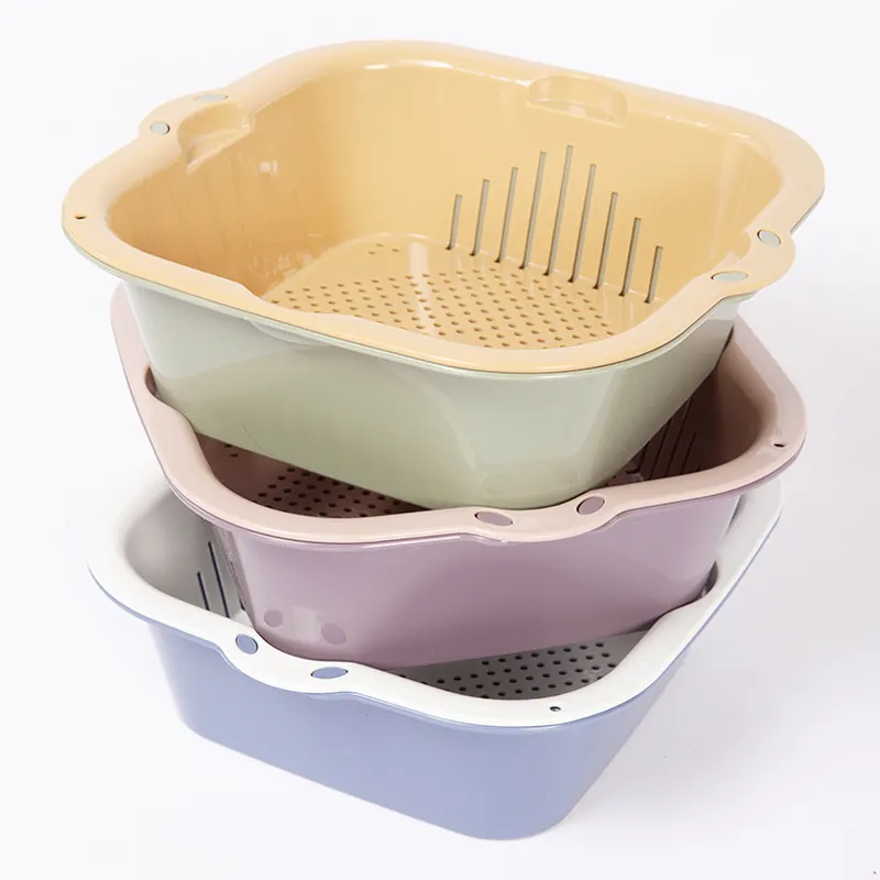 double layer multifunction fruits cleaning plastic drain basket plastic vegetable rotating kitchen drain basket