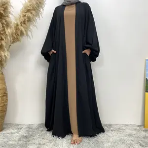 Fashion Dubai Muslim Islamic Clothes Dubai Abaya Robe Women Elastic Cuff Middle Ruffle Pocket Casual Cardigan Islamic Long Dress