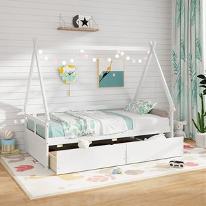 <span class=keywords><strong>Lit</strong></span> double moderne avec 2 tiroirs de rangement, structure en métal, style tente <span class=keywords><strong>Montessori</strong></span>, barrière de sécurité, <span class=keywords><strong>lit</strong></span> tipi bas écologique avec sommier à lattes en bois - Product Image 5