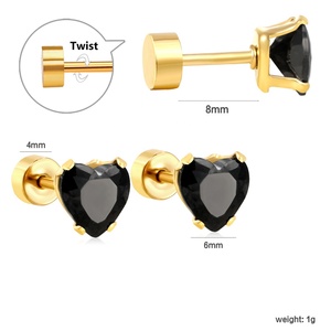 Boucles d'oreilles clous torsadées en acier inoxydable, sans nickel ni cuivre, hypoallergéniques, avec zircon bleu et noir en forme de cœur pour femme - Product Image 2