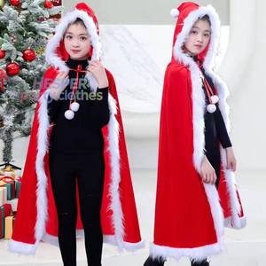 Nouvelle Cape à Capuche en Velours Rouge avec Bordure Fourrure pour Enfants, Costume de Père Noël pour Filles, Vêtements de Cosplay pour Enfants - Product Image 1