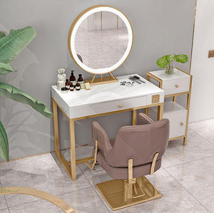 MORE DESIGN Estación de espejo de salón de belleza Led de salón de belleza con mesa, muebles de peluquería de estilo dorado grande de longitud completa - Product Image 2