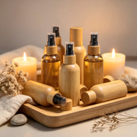 Kemasan Toner Kosong Mewah Label Pribadi, Botol Perawatan Wajah dengan Casing Luar Bambu yang Dapat Digunakan Kembali, Botol Semprot Kaca Berlapis Bambu dengan Pompa