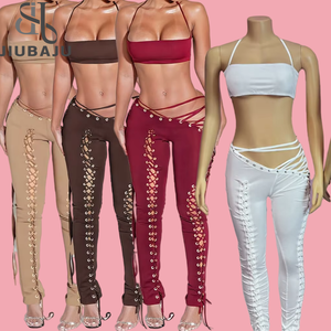 Nuovi set estivi Sexy 2 pezzi completo donna con scollo all'americana senza maniche top corto con occhielli - Product Image 1