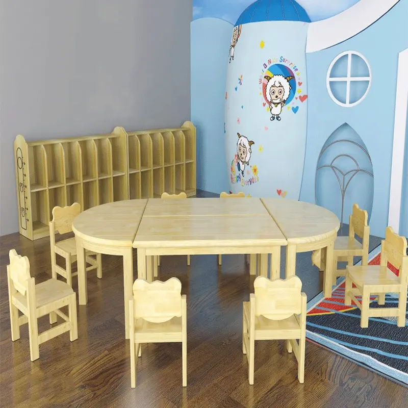 Мометрический деревянный овальный стол и стулья для детского класса, набор мебели Монтессори