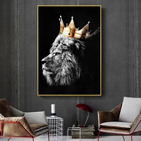 Tableau en cristal moderne Le Roi Lion avec couronne, impression HD de luxe dorée, animal noir et blanc, décoration artistique pour la maison