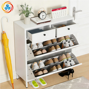 Meuble à chaussures moderne en fer blanc, montage facile, 4 tiroirs basculants, 3 tiroirs supérieurs, fin et autoportant, pour entrée - Product Image 1