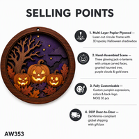 Boîte à ombres circulaire personnalisée pour Halloween avec motif Jack-o'-lantern |   Scène d'arbre de citrouille effrayant découpée au laser en contreplaqué de peuplier multicouche