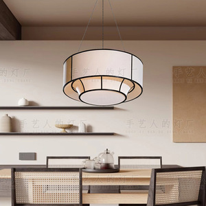 Lustre rond en tissu noir de style chinois moderne à LED pour salon, hôtel, restaurant - Product Image 2