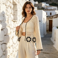 Cárdigan de encaje de ganchillo estilo bohemio, cárdigan de punto sexy bordado con diseño calado para mujer, top versátil de manga larga para verano