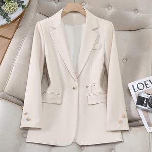 Women's Beige Blazer Slim Fit Solid Color Polyester Fiber 100% Worsted Spring Autumn Casual Suit Jacket - Product Image 1