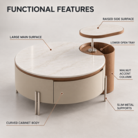 Table basse relevable WYRAX pour hall d'hôtel avec plateau supérieur surélevé, plateau latéral ouvert et base de rangement incurvée