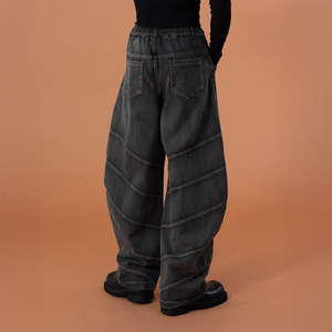 <span class=keywords><strong>Jeans</strong></span> da Uomo Oversize a Gamba Larga <span class=keywords><strong>con</strong></span> Cuciture Curve, Lavaggio Vintage, Vita Media Elasticizzata, Traspiranti, Resistenti, Stile Streetwear, Denim che non sbiadisce - Product Image 2