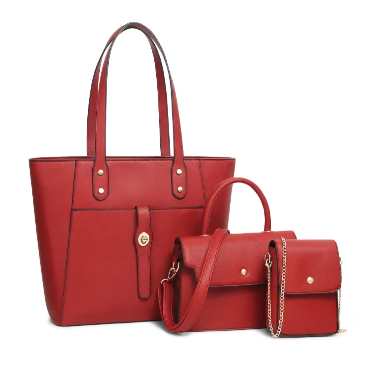 2022 New premium luxury office work solid color 3 piece red purses tote hand bag sets leather women handbags
