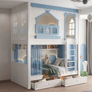 Letto a Castello Multifunzionale per Bambini con Scivolo, Scale con Vano Contenitore, Letto Estraibile, Cassetti e Libreria, Bianco Azzurro per Ragazzi e Ragazze - Product Image 4