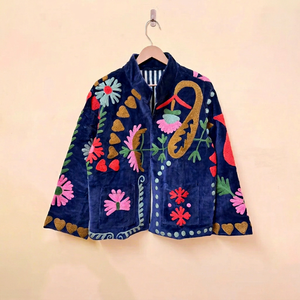 Chaqueta de terciopelo con bordado floral, cuello mandarín, manga larga, estilo Prairie Chic para mujer, abertura frontal, talla única, para primavera/invierno. - Product Image 1