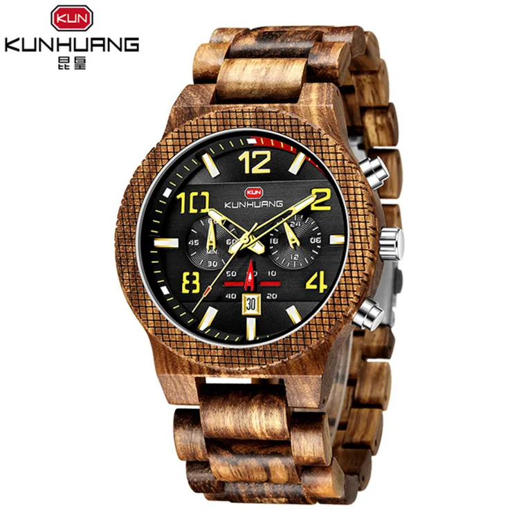 KUNHUANG – montres en bois pour hommes, Top marque de luxe, décontracté, chronographe, sport, Quartz, montre en bois pour hommes, 1015