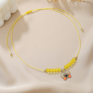 Collar trenzado de hilo encerado colorido con cuentas de cristal y colgante de mariposa de aleación, ajustable, estilo coreano - Product Image 3