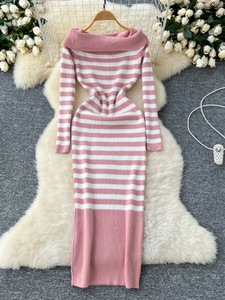 Robe midi moulante en maille pour femme - Col <span class=keywords><strong>carré</strong></span> épaules dénudées, taille empire côtelée, décontractée pour la nuit - Product Image 3